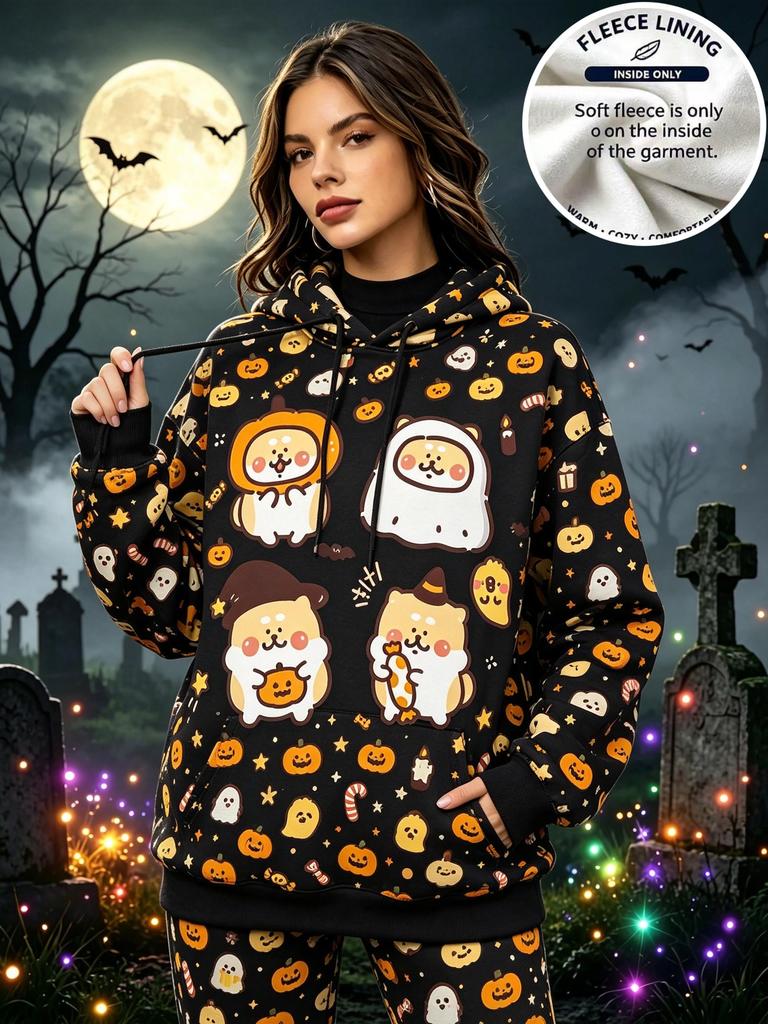 Women Halloween Fleece Hoodie Cute Cartoon Dog Pumpkin Ghost Print Long Sleeve Pullover Hooded Sweatshirt Casual Warm Top