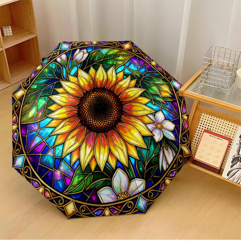 Retro Sunflowers Printed Umbrella Windproof Folding Umbrella Portable Sun and Rain Umbrella Suitable for Gifting