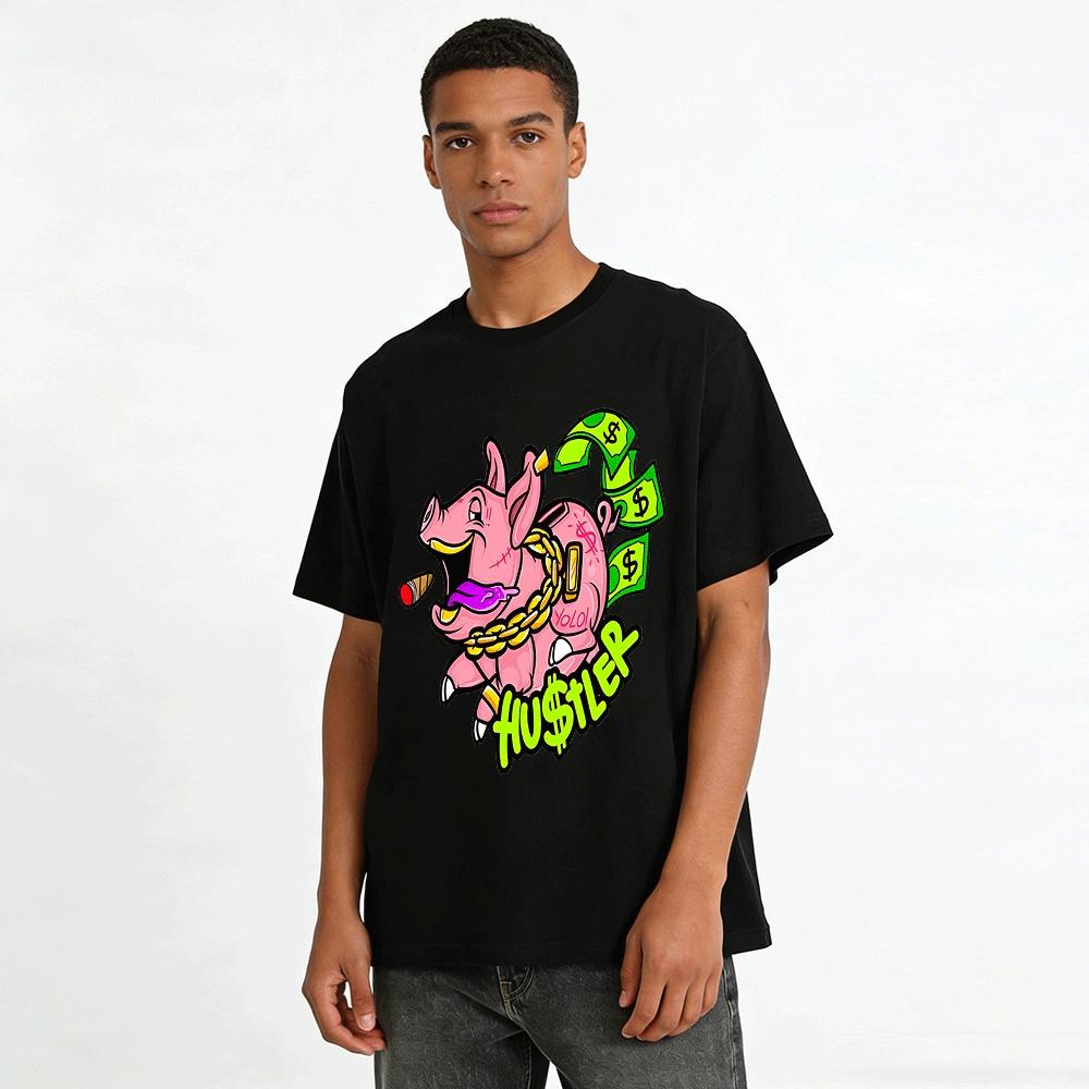 Hustler Piggy Hip-Hop Graphic Tee Street Style Unisex Top Pure Cotton T-shirt