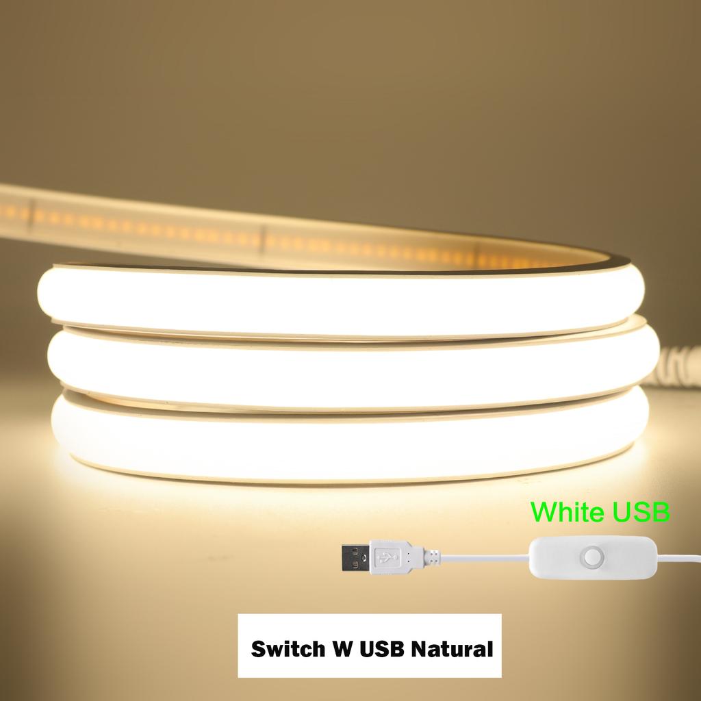5v Dimmable COB LED Strip USB Dimmer Switch Touch White Natural Warm High Density Flexible Ribbon Tape 320LED/M Room Night Light