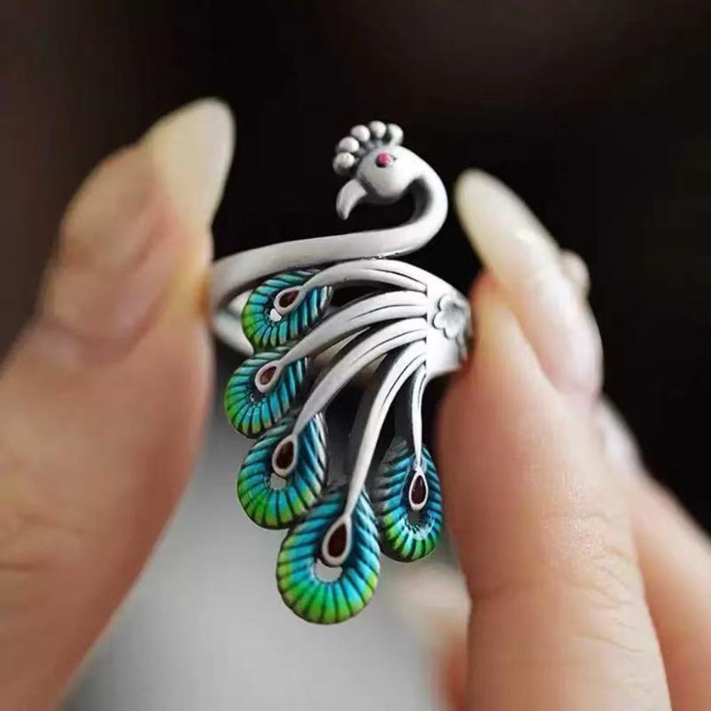 Exaggerated Women Finger Rings Peacock Enamel Retro Ring Fashion Open Rings  Girls