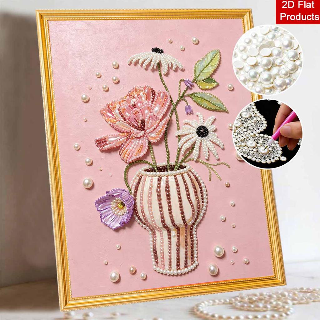 Einfaches DIY-Rahmen-Perlenmalerei-Set mit schöner rosa Blumenvase 3D-Glitzer-Leinwandkunst für Heimdekoration Geschenkidee
