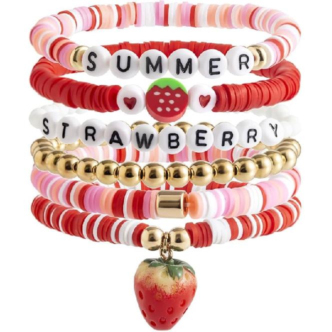 Набор браслетов Pingyongchang Surfer Heishi из глины с клубникой для женщин и мужчин, богемный, штабелируемый, с золотыми бусинами, виниловым диском, эластичный, из смолы Aa