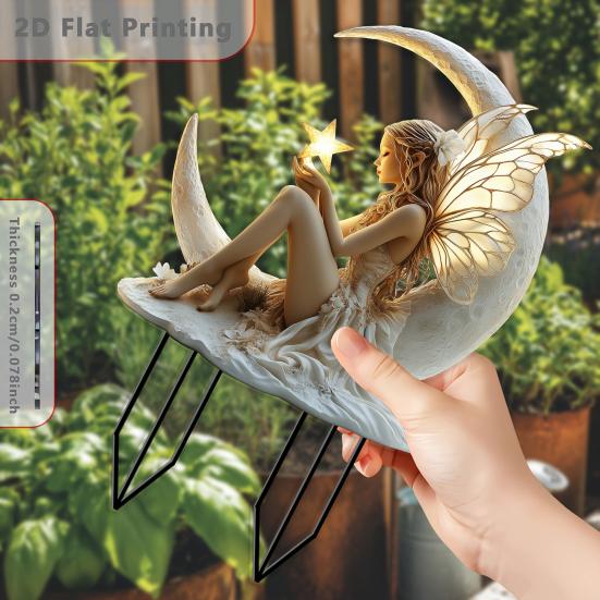 Acrylic Moon Fairy Garden Stake Decoration Weather-proof Outdoor Yard Lawn Patio Pathway Waning Moon Elf Stake Stick Ornament