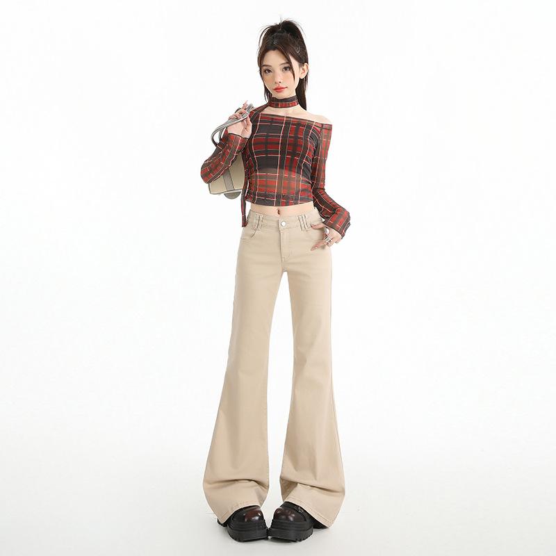 Khaki non-stick leg slightly pulled jeans women's autumn and winter new Spice Girl low-rise slim-fitting and thin flared pants
