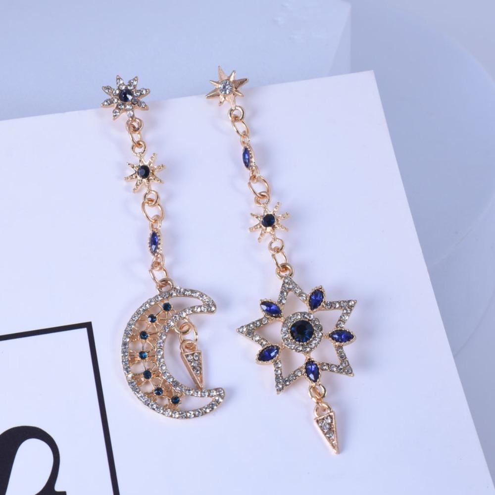 Charm Luxury Geometric Hollowout Blue Crystal Sun Star Moon Long Dangle Earrings for Women Korean Designer Earrings Jewelry Gift
