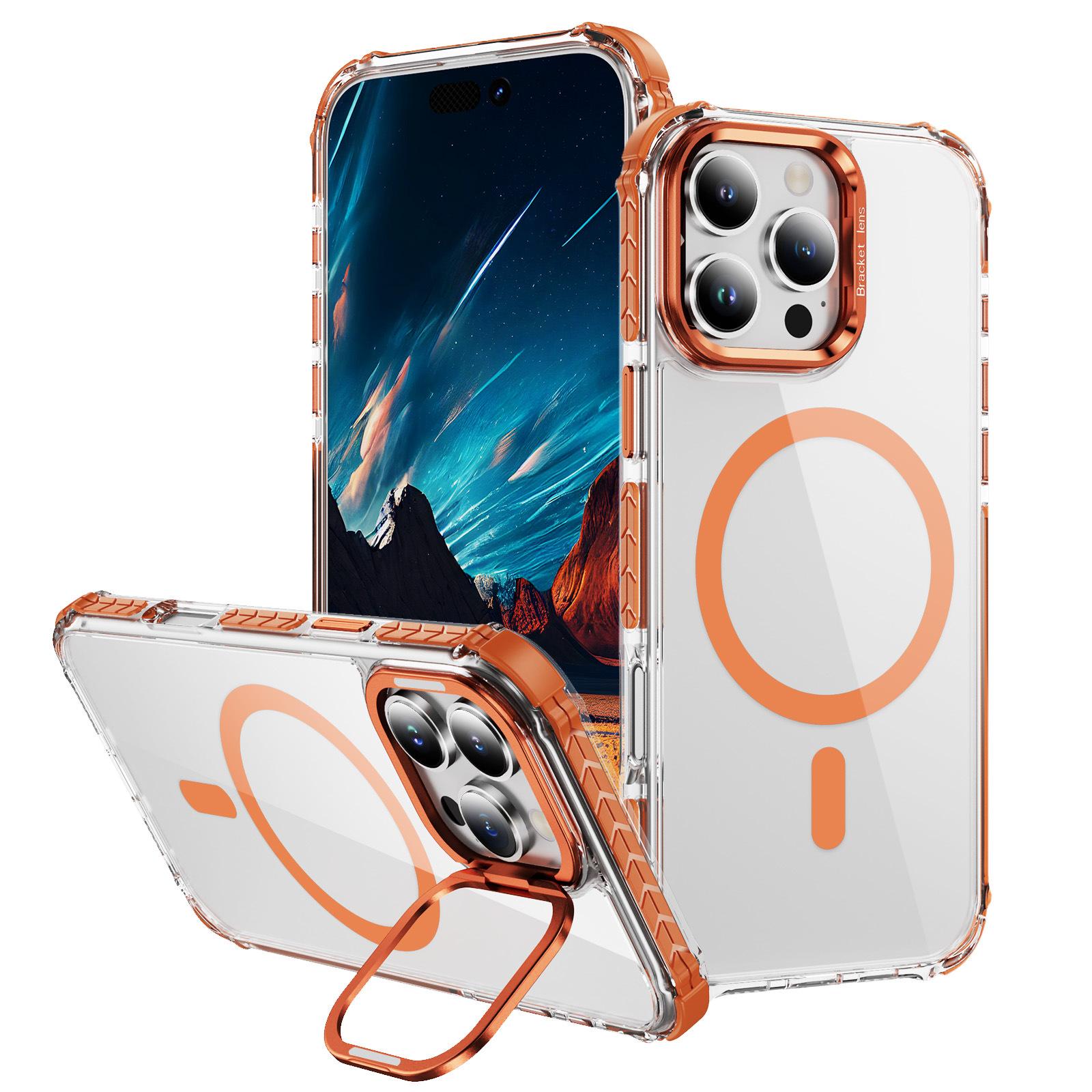 

For iPhone 15 Pro Max Clear Phone Case with Lens Kickstand Cover Compatible with MagSafe Orange