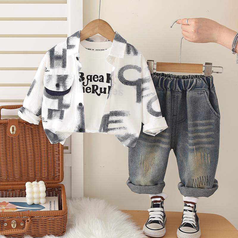 

Комплект из 3 предметов с длинным рукавом для мальчиков, детский комплект с принтом: рубашка + белая футболка + повседневные брюки, одежда высокого качества XXL белый