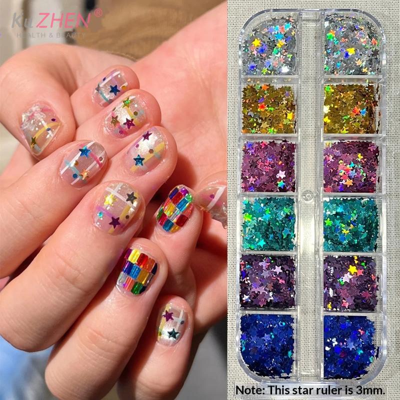 12 Grids Seqiuns Star Glitter Colorful Nail Flake Flash Mini Pentagram Nail Seqiuns Nail Charm Kawaii DIY Manicure Accessories