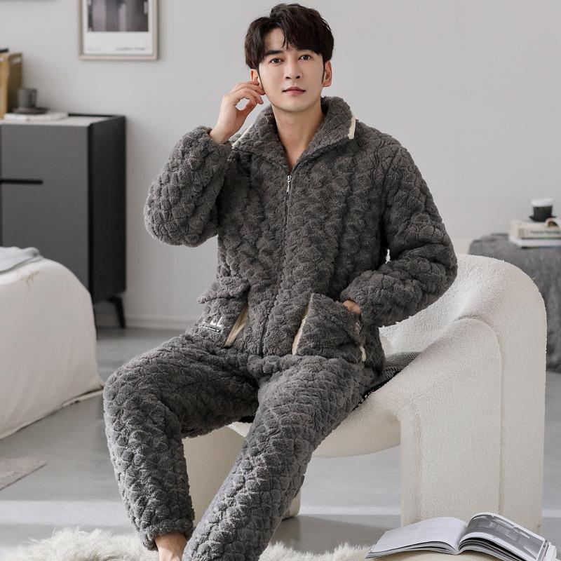 Pajamas Men'S Winter Thickened Three-Layer Coral Fleece Padded Cotton Large Size Autumn And Winter Flannel Zipper Loungewear Set