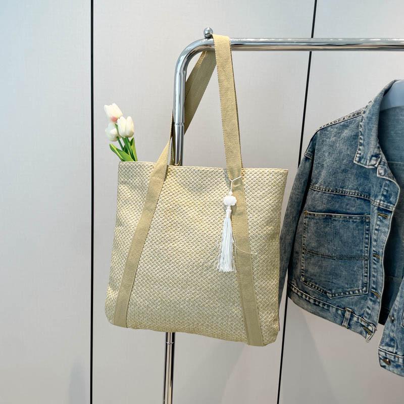 

Женская плетеная соломенная пляжная сумка-тоут однотонного цвета, легкая, с открытым верхом, с подвеской-кисточкой для отпуска и отдыха на море, сумка через плечо