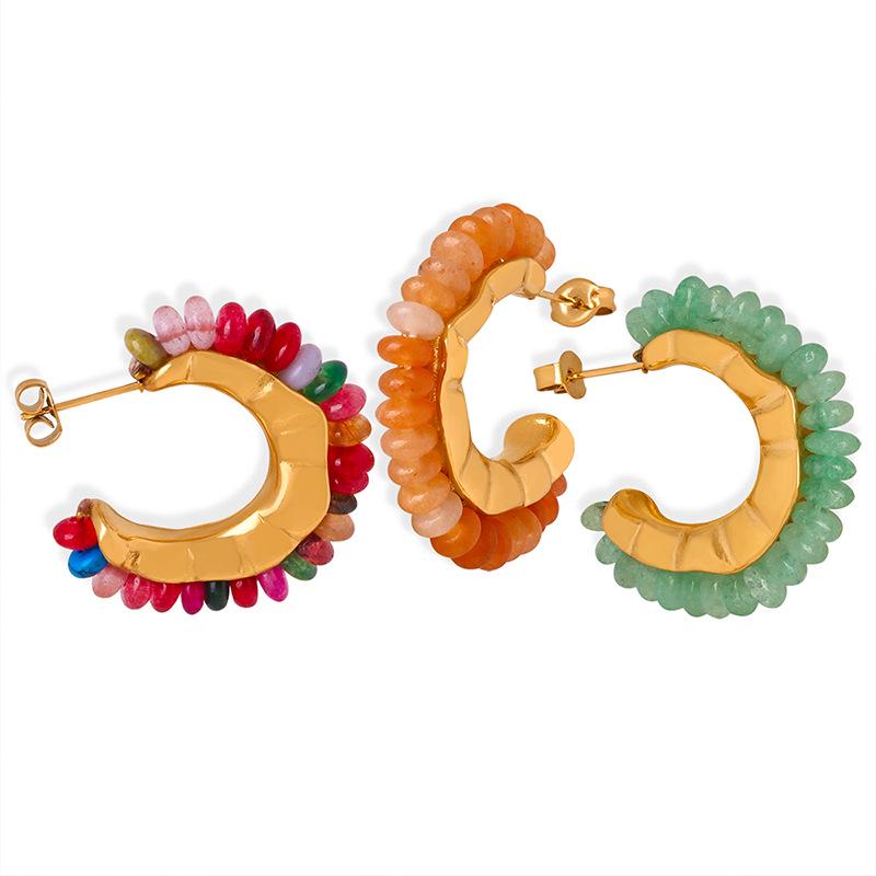 Gold-Plated C-Shaped Earrings with Multi-Color Natural Stone Inlay