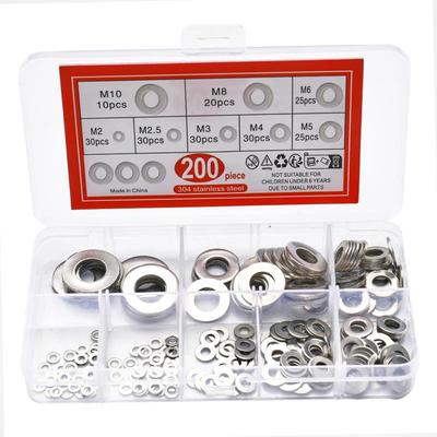 910/200pcs Suitable For Home Decoration 304 Stainless Steel Flat Washers Assortment Kit (M2 M2.5 M3 M4 M5 M6 M8 M10 M12)