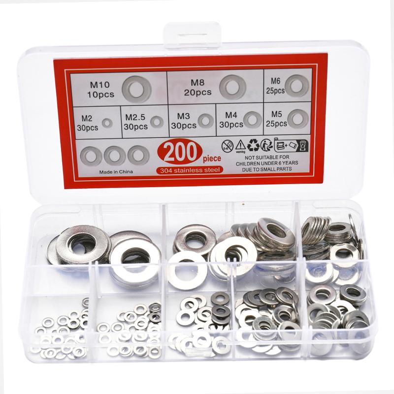 910/200Pcs Suitable For Home Decoration 304 Stainless Steel Flat Washers Assortment Kit (M2 M2.5 M3 M4 M5 M6 M8 M10 M12)