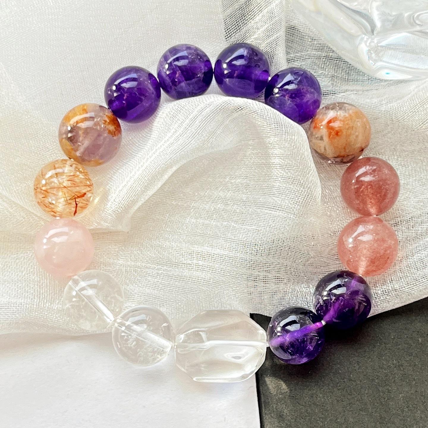 12Mm Natural White Crystal Amethyst Purple Ghost Strawberry Crystal Powder Crystal Duobao Bracelet Bracelet