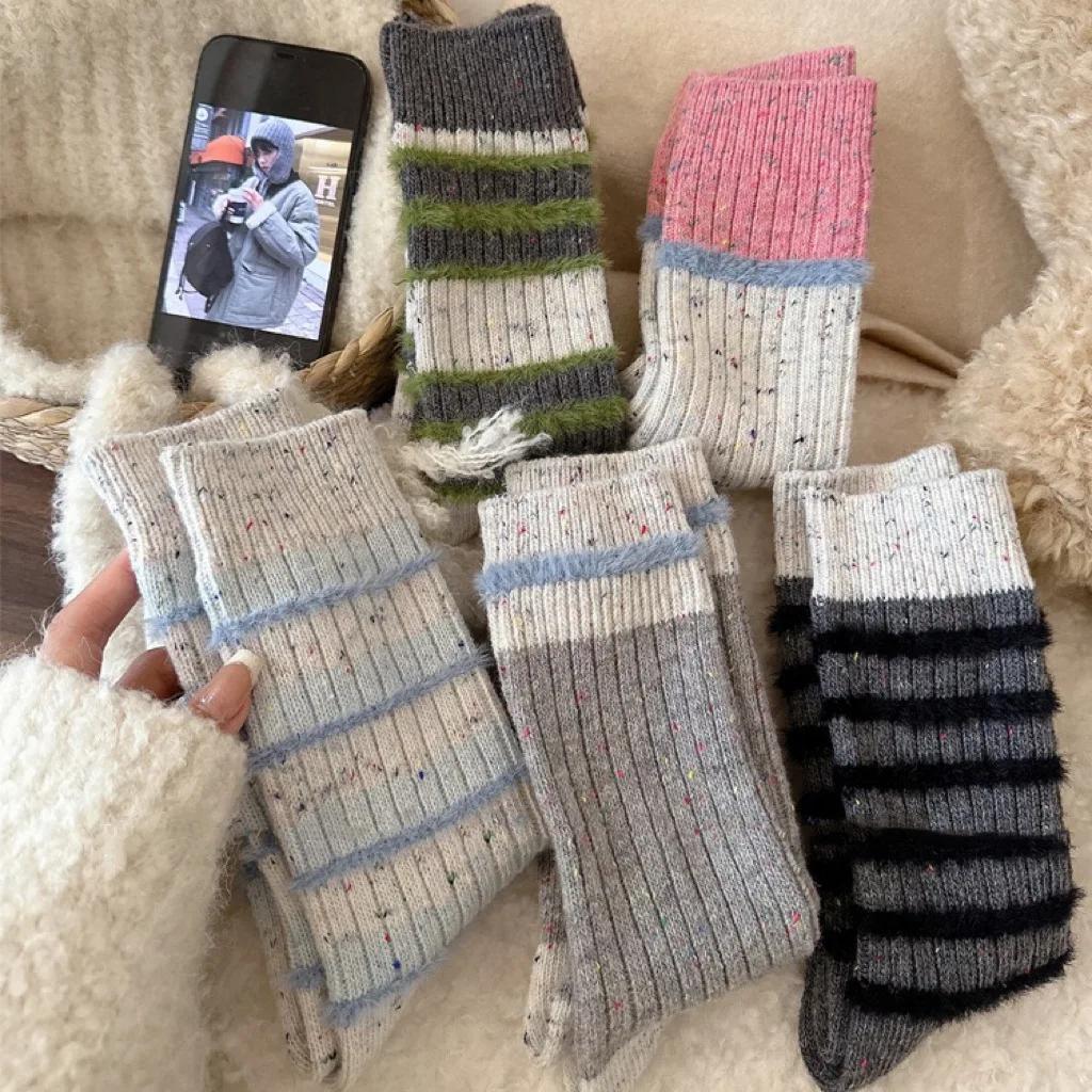 1 pár Podzim Zima Hrubé Teplé Roztomilé Dámské Ponožky Bavlna Korejská Vlna Proužek Designové Ponožky Střední Délky Kawaii Ležérní Harajuku Dámské Ponožky