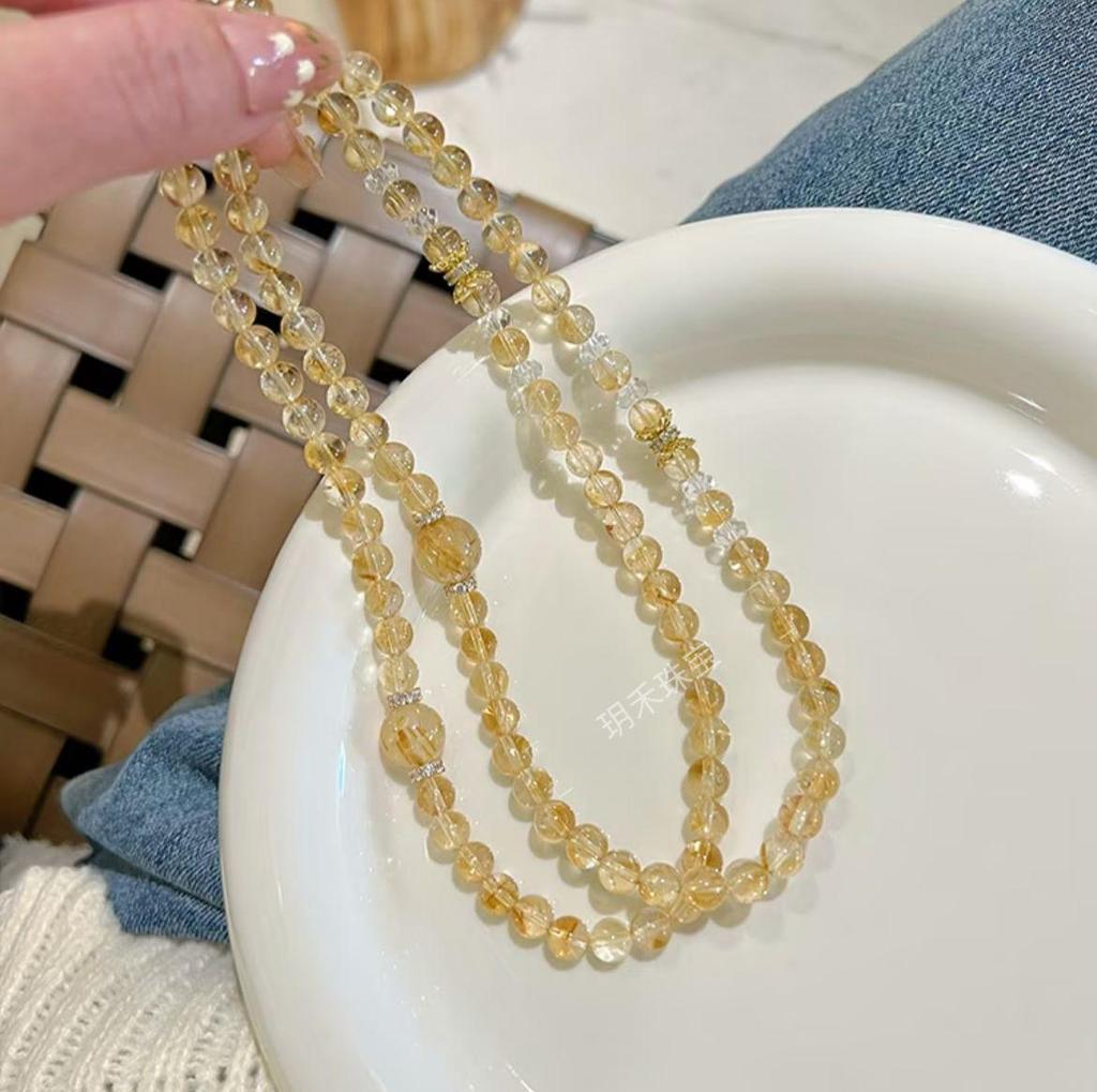 Natural Yellow Gold Double Circle Bracelet Women's Rutilated Quartz Citrine for Wealth & Luck