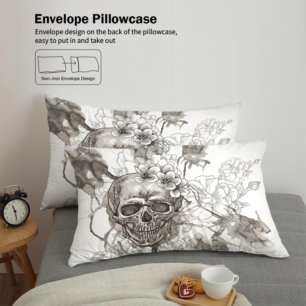 3-Piece Down Duvet Cover (1 Down Duvet Cover+2 Pillowcases No Core) Skull And Flower Head Digital Printed Bedding Soft Warm