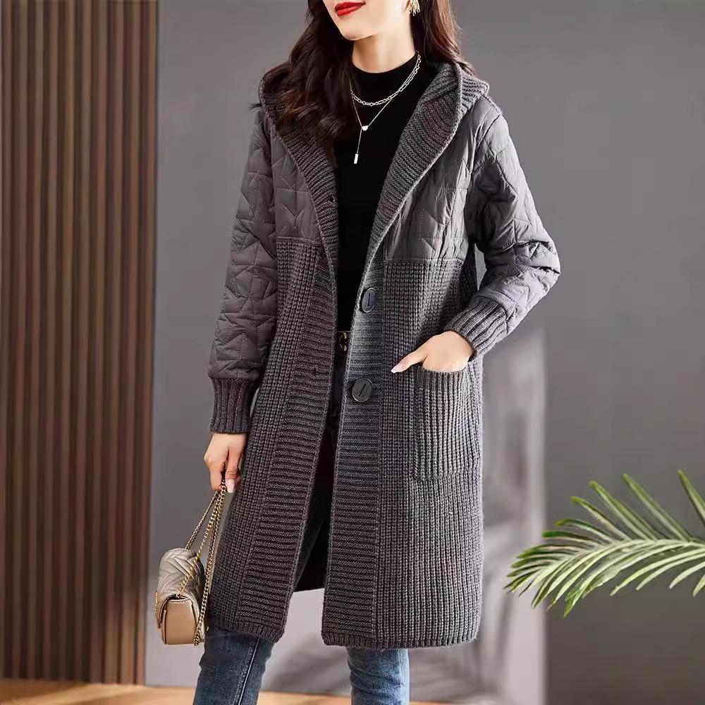 New Hooded Jacket Cardigan Mid-length Autumn and Winter Women's Sweater Loose Knitted Top