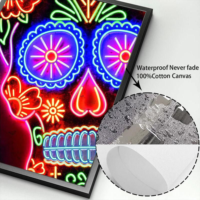 Neon Wall Art Skull Head Posters Day of The Dead Canvas Print Painting Pop Street Wall Art Picture for Home Bar Room Decor