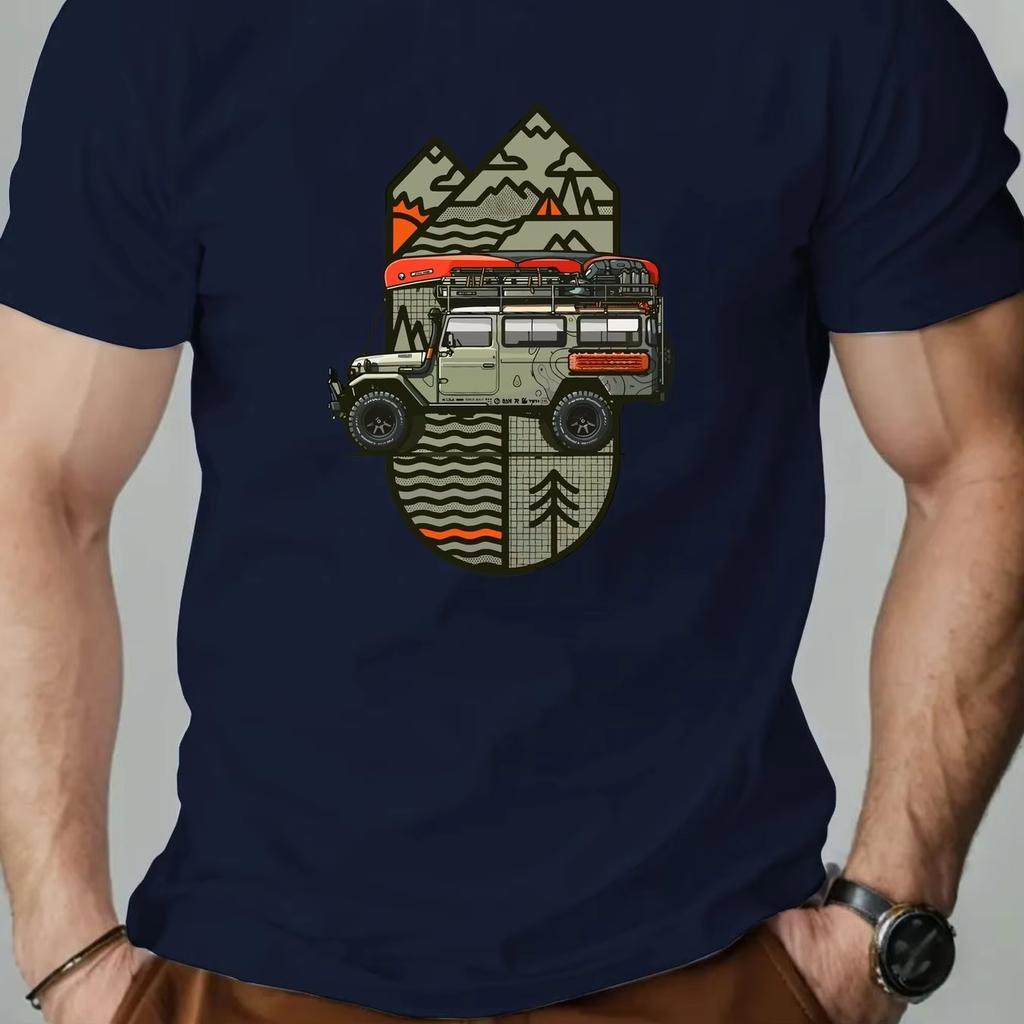 Men's Summer Simple Pure Cotton Fashionable Casual Design Off-road Vehicle Pattern Printed Collar Short-sleeved T-shirt Top