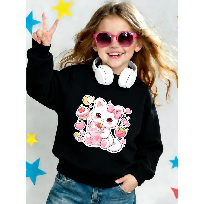 European sizes Cute Cat Print Pattern Kids' Spring Lightweight Crew Neck Sweatshirt, Ages 0-3, Comfortable and Soft Design, Suitable for Outdoor Wear