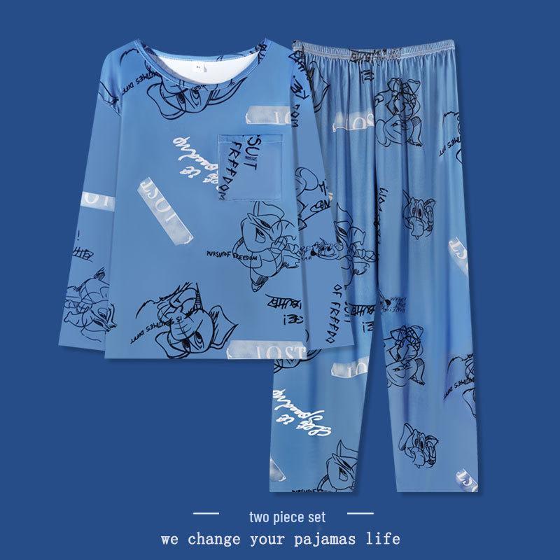 High-End Trendy Men's Long-Sleeve Cotton-Style Casual Pajamas, Youth Large, Loose & Comfortable Home Wear