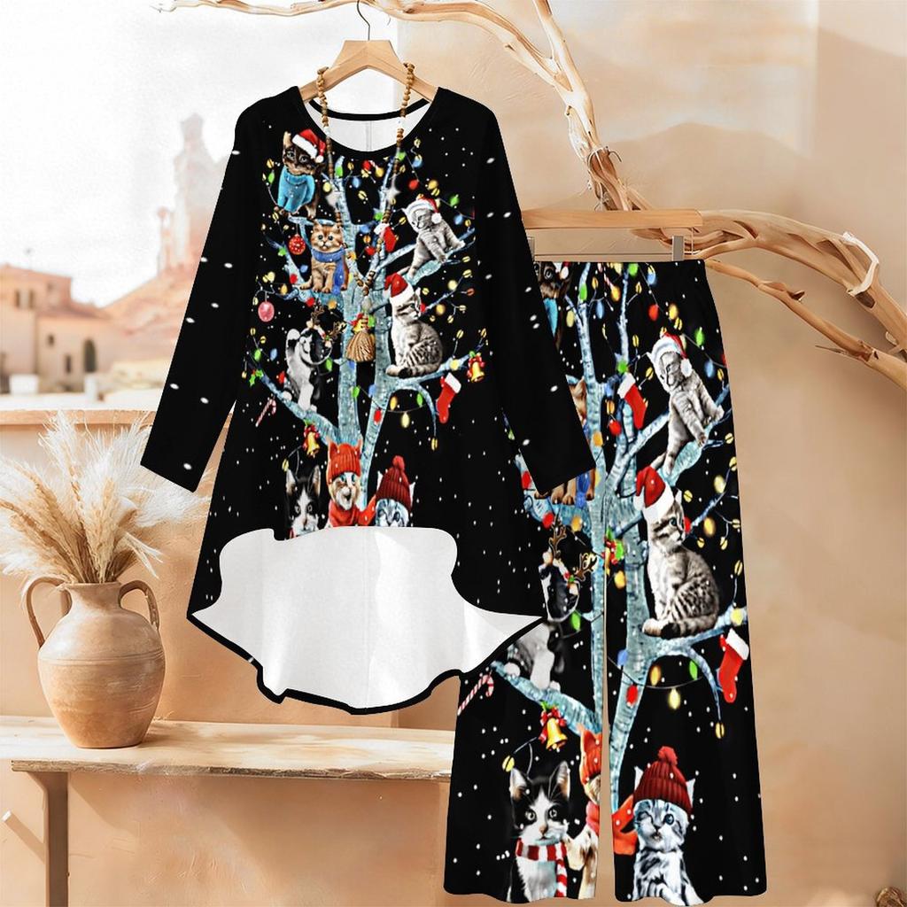 Christmas Print Two Piece Outfit Women Long Sleeve Irregular Hem Tunic Top Wide Leg Pants Casual Matching Set