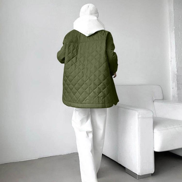 Thickened Warm Cotton Coat Women Long Loose Button Down Lapel Diamond Pattern All Season