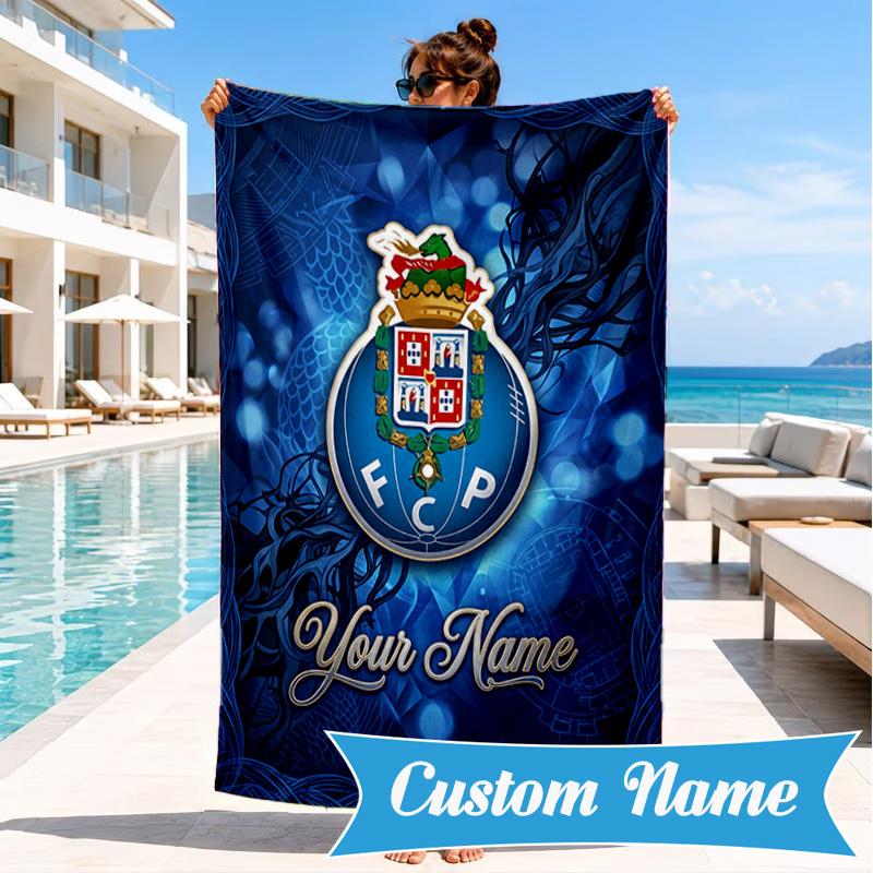 Custom Name Fc Porto Crest Design Personalized Microfiber Beach Towel, Quick-Dry, Ideal for Summer Travel, Beach Essential, Swimming