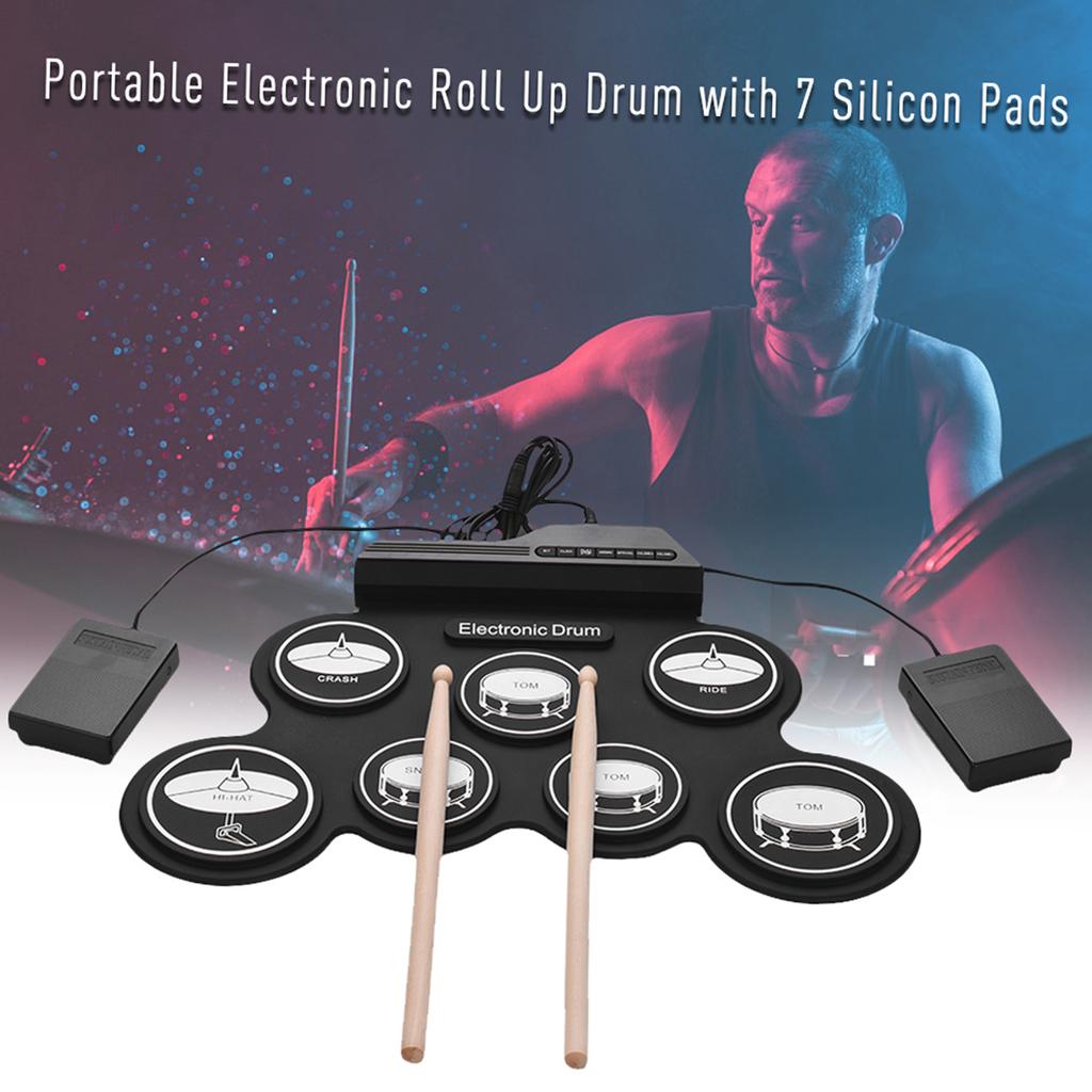 Compact Size USB Roll Up Silicon Drum Set Digital Electronic Drum Kit 7 Drum Pads with Drumsticks Foot Pedals for