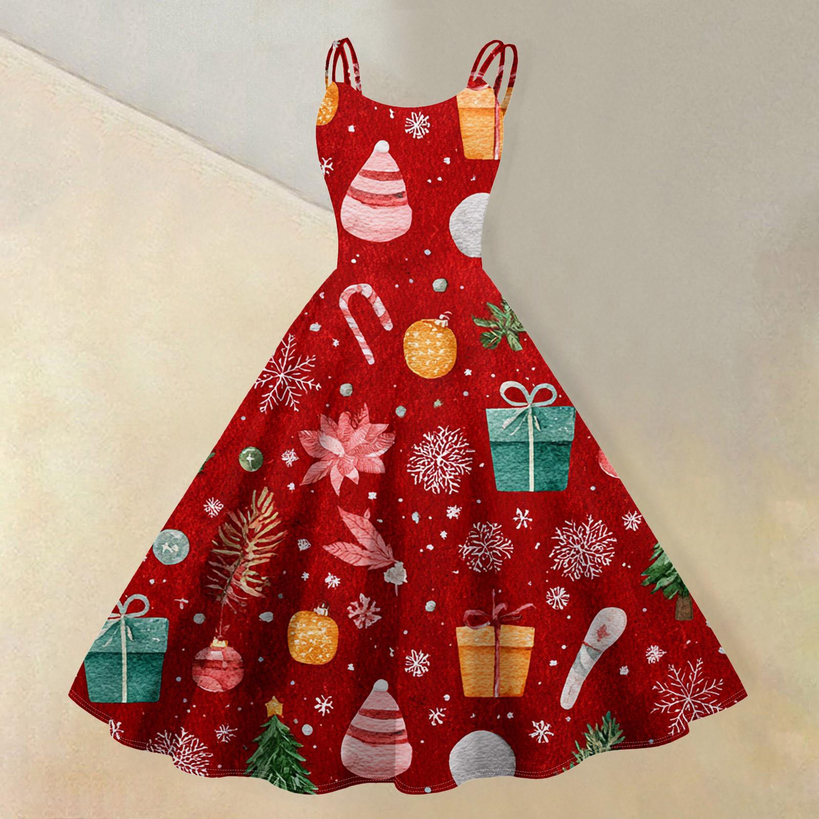 

(счастливого Рождества) Женское повседневное модное платье в стиле ретро с принтом рождественской снежинки/рождественской елки/снеговика и круглым вырезом XXL красный