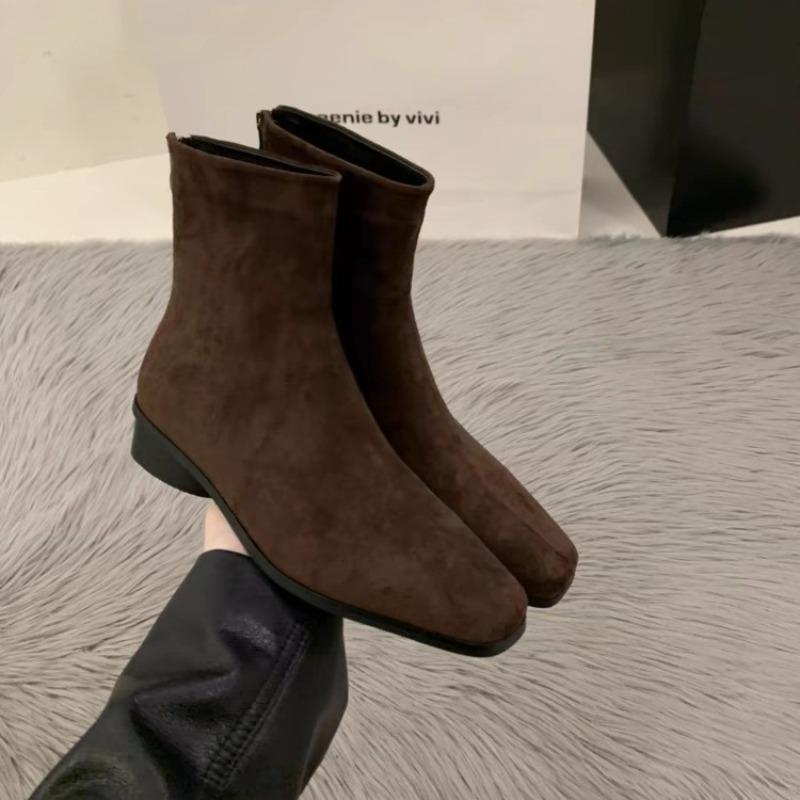 Boots Women's Coarse Heel Suede Small Ankle Boots Women's Shoes, New Versatile Fleece Skinny Boots Short Boots