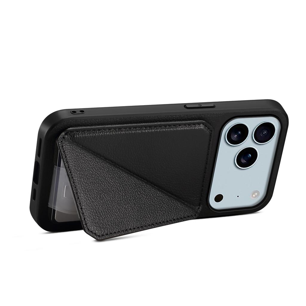 For iPhone 17 Pro Max Case Card Holder Kickstand Calf Textured Leather+PC+TPU Phone Cover