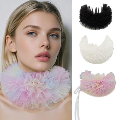 Women Renaissances Elizabethan Mesh Ruffle False Collar Colorful Small Neck Ruff Ties Up Detachable Chokers Shawl Wrap