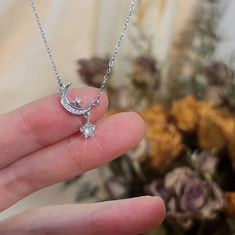 

New 925 Sterling Silver Star Moon Necklace Personalized Charm Woman Pendant Choker Birthday Party Gift Exquisite Jewelry платиновий