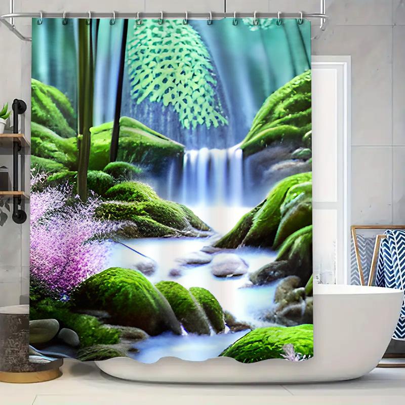 

Vivid Forest Print Shower Curtain Waterproof Fabric Decor For Bathroom Greenery Waterfall Design In Blue Tones Perfect For Your W60H190(CM)-1 Pcs