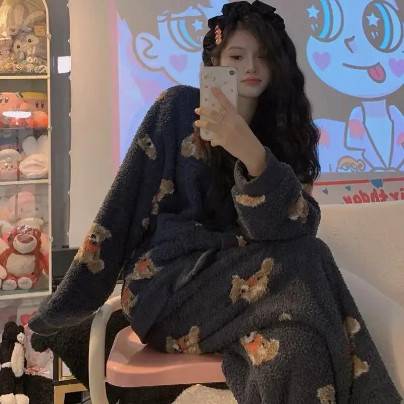 Pajamas Women Autumn Winter Homewear Plus Thicken Coral Velvet Warm Household Clothing Suit V-neck Loungewear