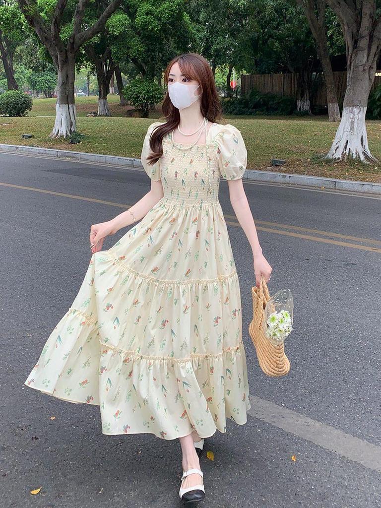 Elegant Summer 2025 French Square Neck Floral Dress for Women