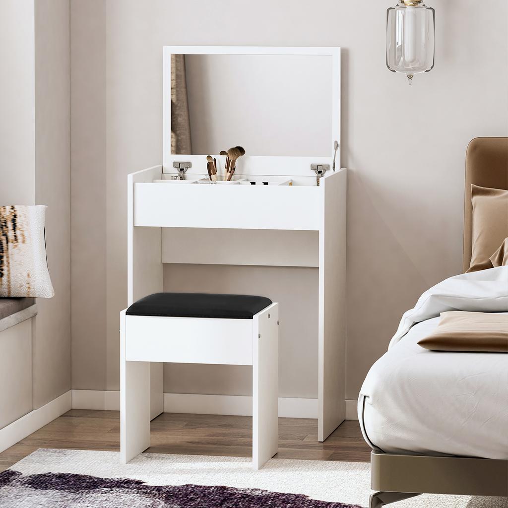 Tocador de Maquillaje con Espejo Plegable, Tocador de Maquillaje Moderno, con Taburete, Compartimento de Almacenamiento con 10 Secciones, MDF Blanco, 60.2 x 40.2 x 79cm