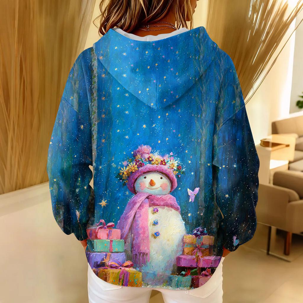 Dámská volná pohodlná ležérní módní mikina s dlouhým rukávem a vánočním potiskem ve výstřihu do V