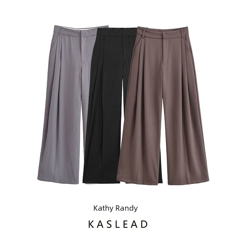 Kaslead New Women Clothes Western Style Versitile Fashion Flip Double Pleated Wide Leg Pants 4661439