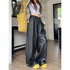 American Style Leather Pants Casual Women Autumn High Waist Straight Loose Elastic Waist Pocket Affordable Wide Leg Trousers