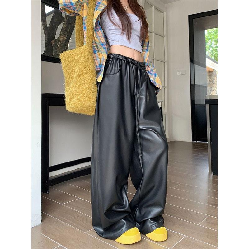 American Style Leather Pants Casual Women Autumn High Waist Straight Loose Elastic Waist Pocket Affordable Wide Leg Trousers