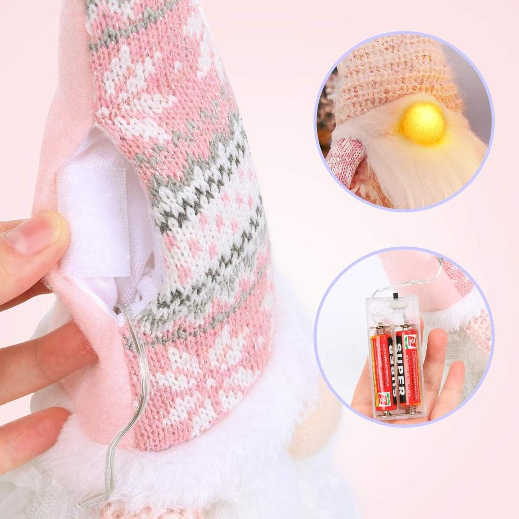 D-FantiX Pink Christmas Valentine Gnomes Decorations, 2Pack Handmade Swedish Tomte Gnome with LED Lighting Nose Scandinavian Figurine Pink Gnomes