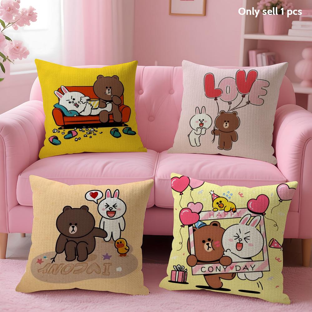 B-Brown Bear And C-Cony Cushion Cover Summer Coolness Linen Fabric Double-Sided Printing Pillow Case Sofa Home Decor Gift