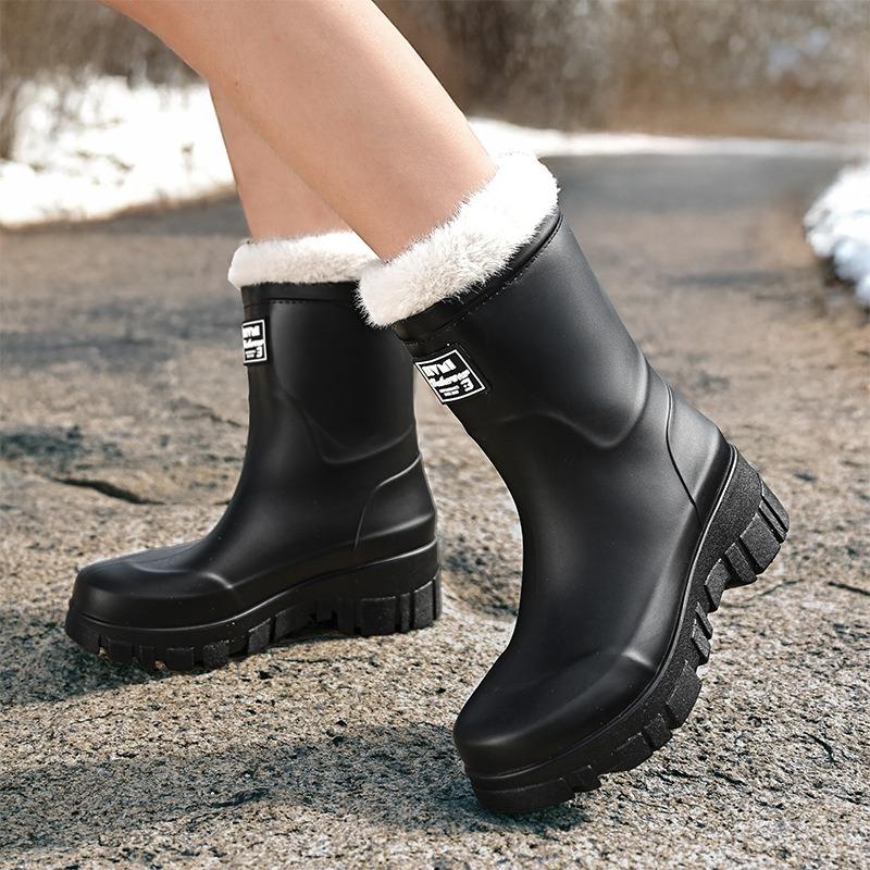 Fashion Medium Tube Rain Shoes Women's New Autumn and Winter Velvet Warm Rubber Shoes Outdoor Waterproof Shoes Non-slip Rain Boots