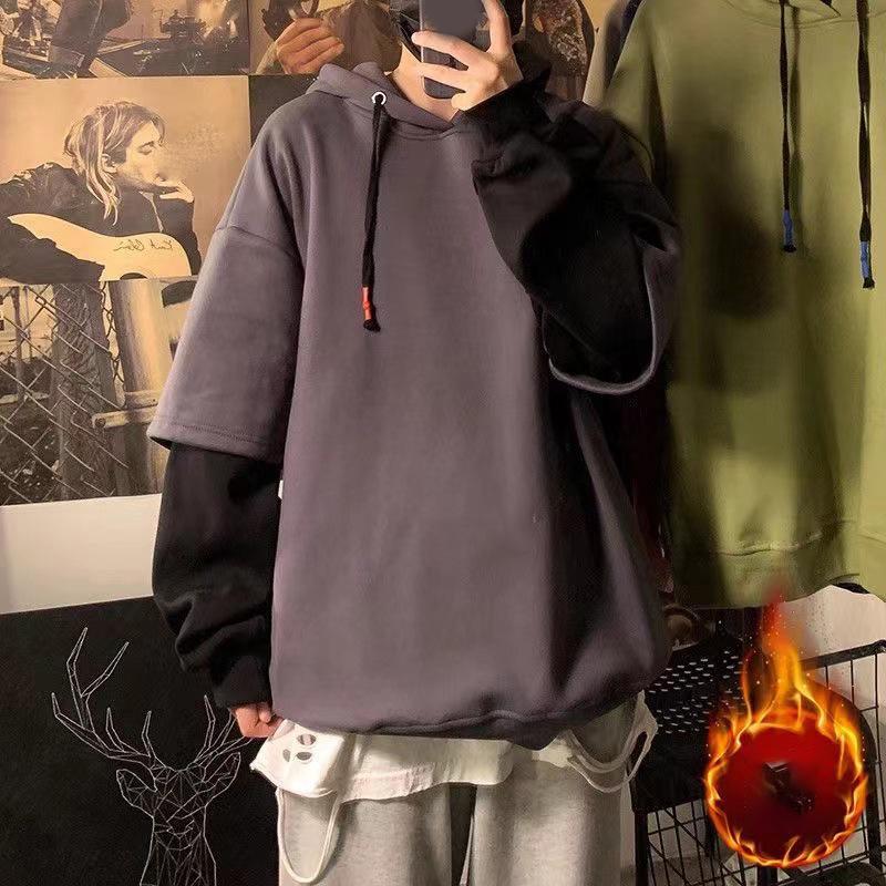 Man Women Autumn Spring Fashion Round Neck Long Sleeve Sweatshirts High Street Casual Loose Pullovers Fake Two Pieces Thick Drawstring Hoodie