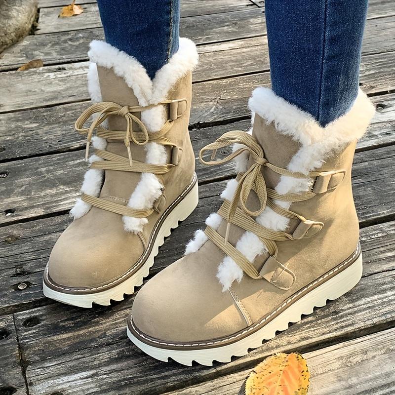 Women's Plush Lined Snow Boots, Solid Color Lace Up Outdoor Anti-Slip Boots, Winter Thermal Outdoor Mid Calf Boots