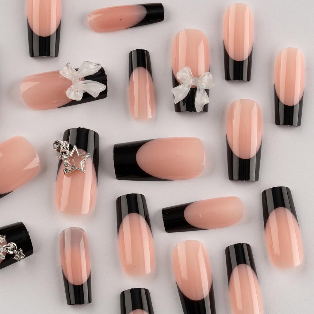 Nude Resin Nail Extension with Black Tip Sweet & Charming Reusable False Nails for Hot Girl Dress Matching